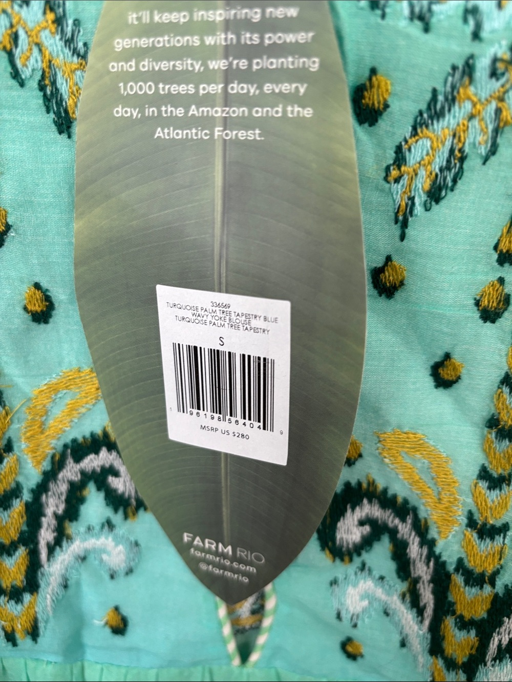 FARM RIO Brazilian Tropical Turquoise Palm Tree Tapestry Yoke Blouse - Picture 7 of 8